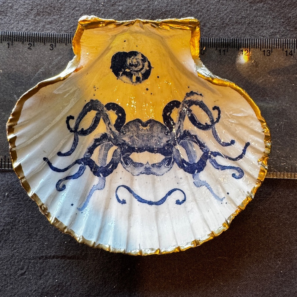 Handcrafted Gold and Blue scallop Seashell Decor/Trinket Tray